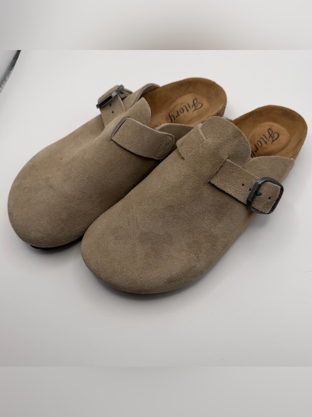 Fitory Suede Buckle Clogs EU 41 Taupe Beige Leather Cork Footbed Mules